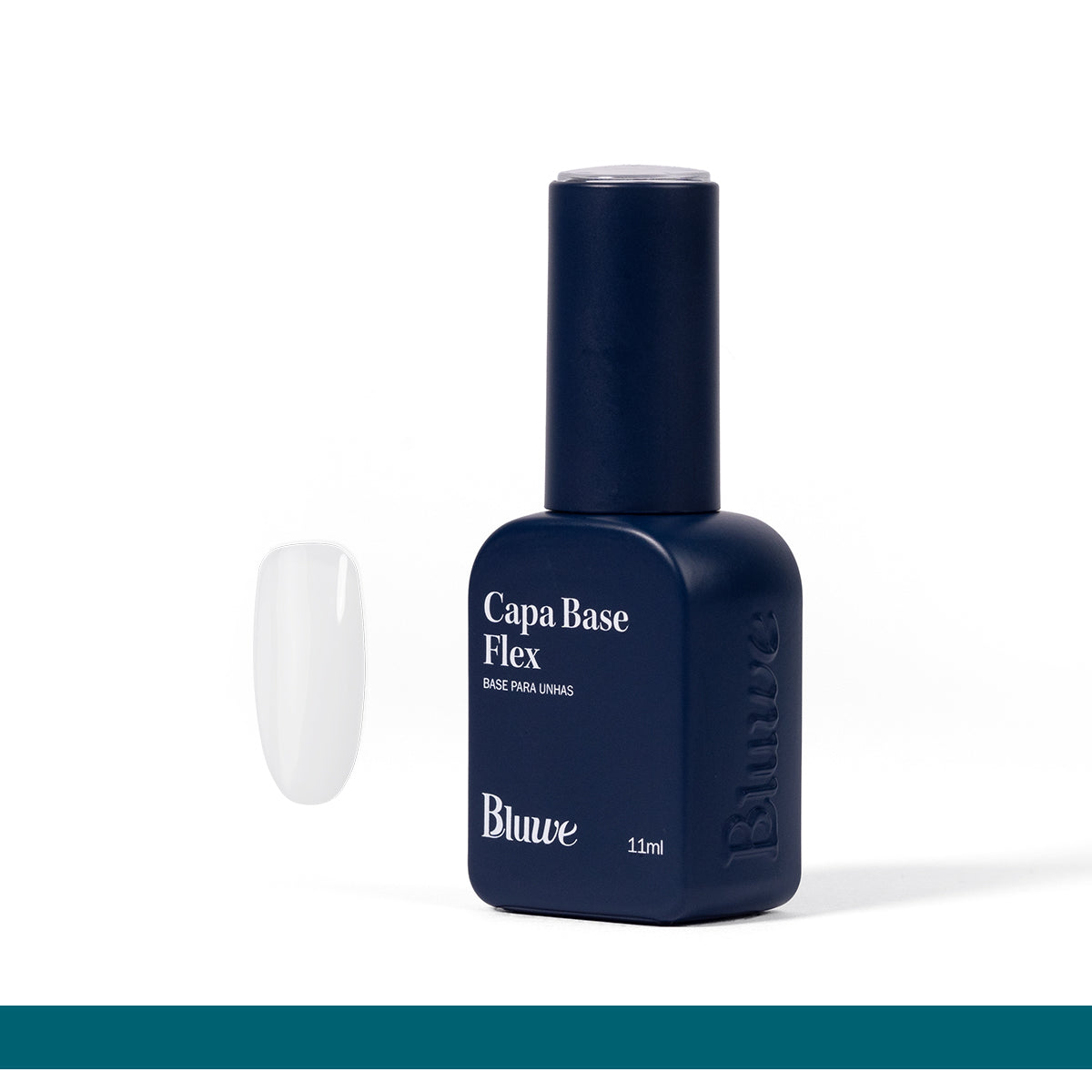 capa base flex, cor super clear, em vidro de esmalte. ao lado do vidro, há uma demonstração do produto