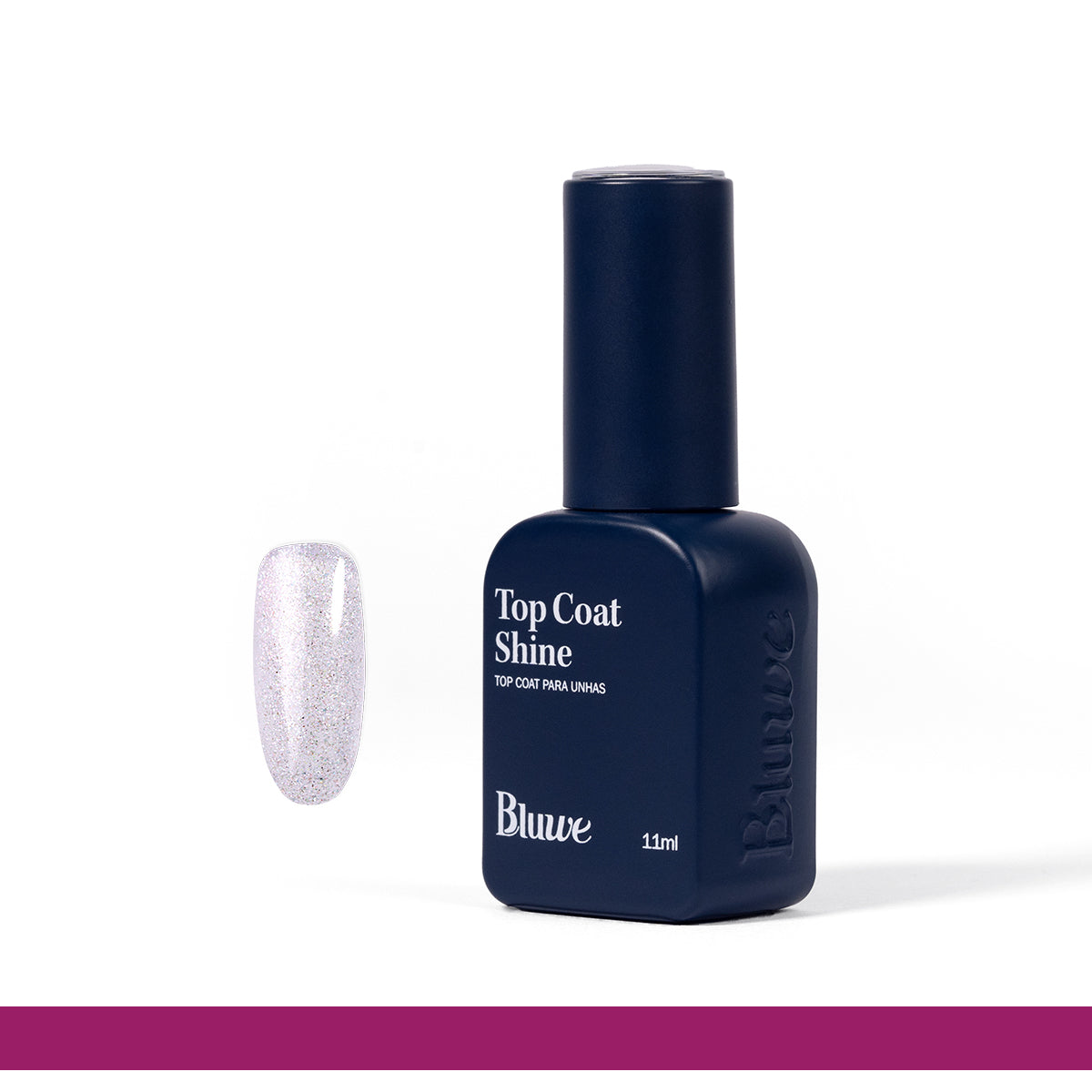 Produto Top Coat Shine da marca Bluwe. Ao lado do vidro em formato de esmalte esmalte tem uma tip de gel com o produto aplicado