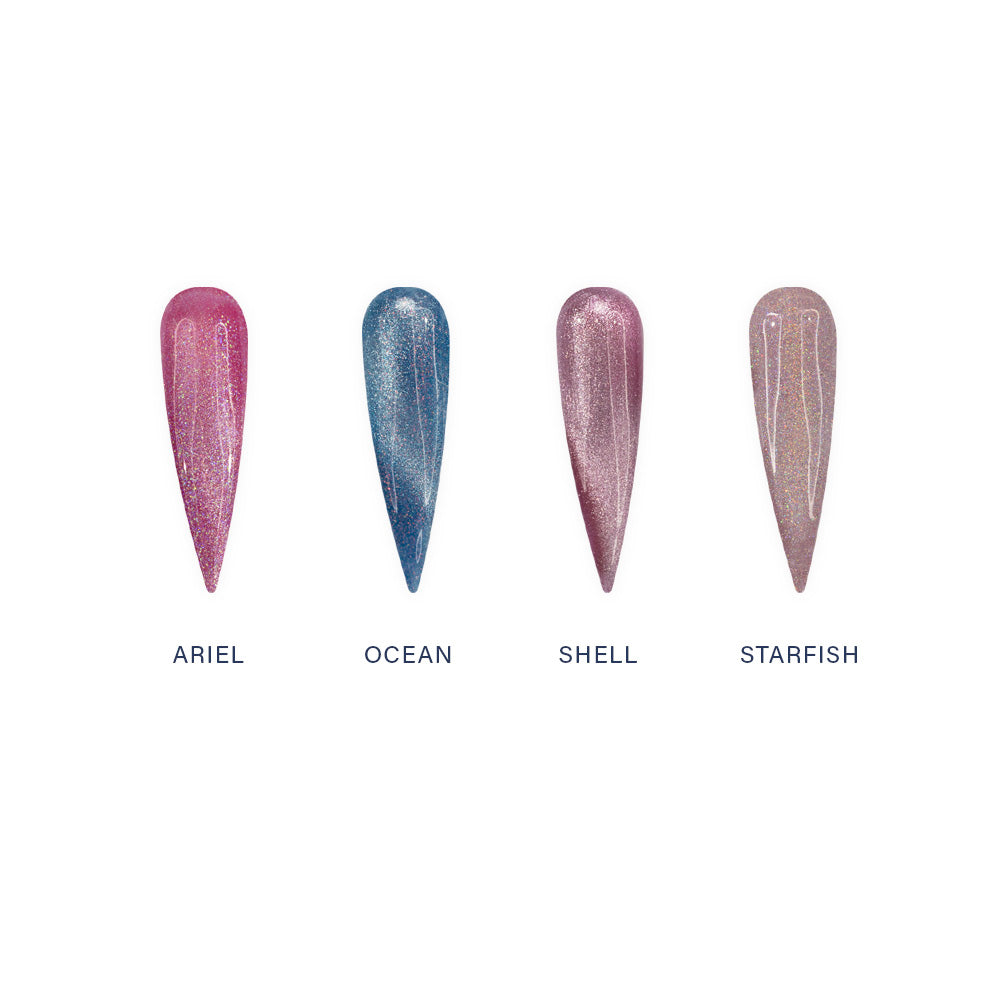 4 tips de gel com as cores de esmalte: Ariel, Ocean, Shell e Starfish, todas em fundo branco