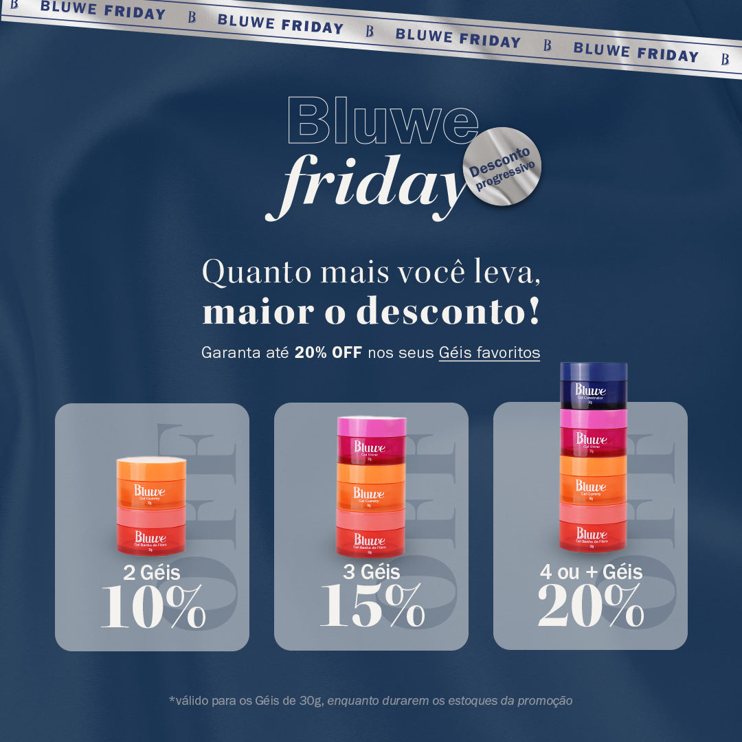 Banner azul com faixa branca escrito Bluwe Friday e texto em branco: Bluwe Friday quanto mais você leva maior o desconto, garanta até 20% off nos seus géis favoritos. Embaixo a três quadros sendo o primeiro com 2 géis e 10% de desconto, o segundo com 3 géis e 15% de desconto e o terceiro com 4 ou + géis com 20% de desconto. Abaixo um botão com o texto quero aproveitar e o rodapé com o texto "válido para os géis de 30g, enquanto durarem os estoques da promoção".