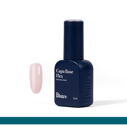 capa base flex, cor natural pink, em vidro de esmalte. ao lado do vidro, há uma demonstração do produto