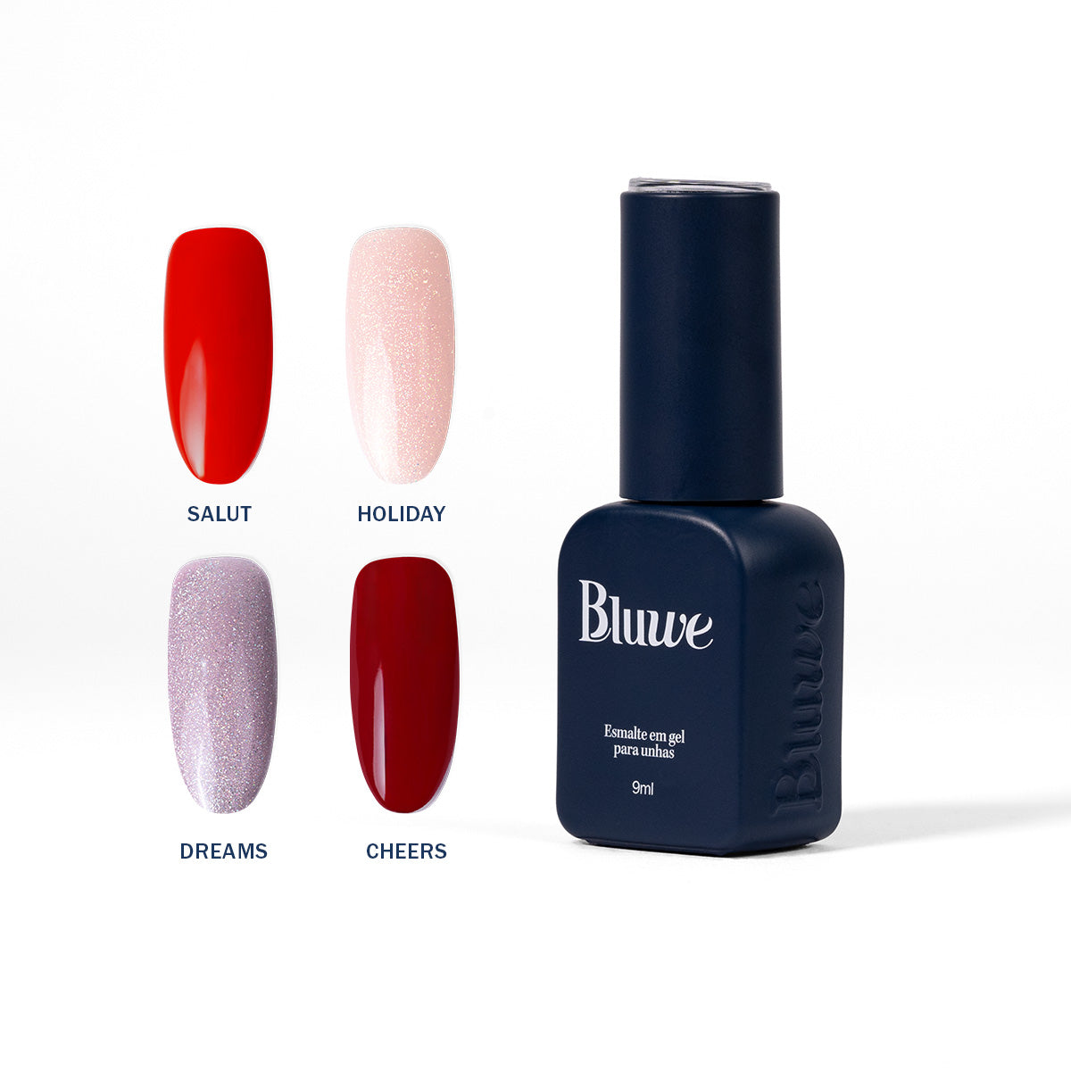 embalagem do esmalte do kit celebrate e ao lado esquerdo as 4 tips com os 4 tons de esmalte aplicados. Salut, que é um vermelho mais aberto, Holiday, que é um nude com brilho, Dreams, que é um holográfico e Cheers, que é um vermelho mais fechado. Tudo em fundo branco. 