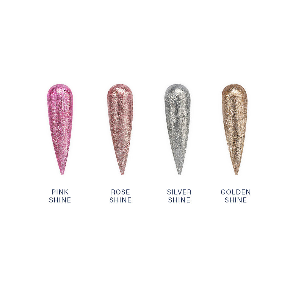 4 tips de gel com as cores: Pink Shine, Rose Shine, Silver Shine e Golden Shine, todas em fundo branco. 